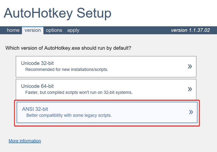 AutoHotKey v1.1 Setup Wizard showing ANSI 32-bit as option